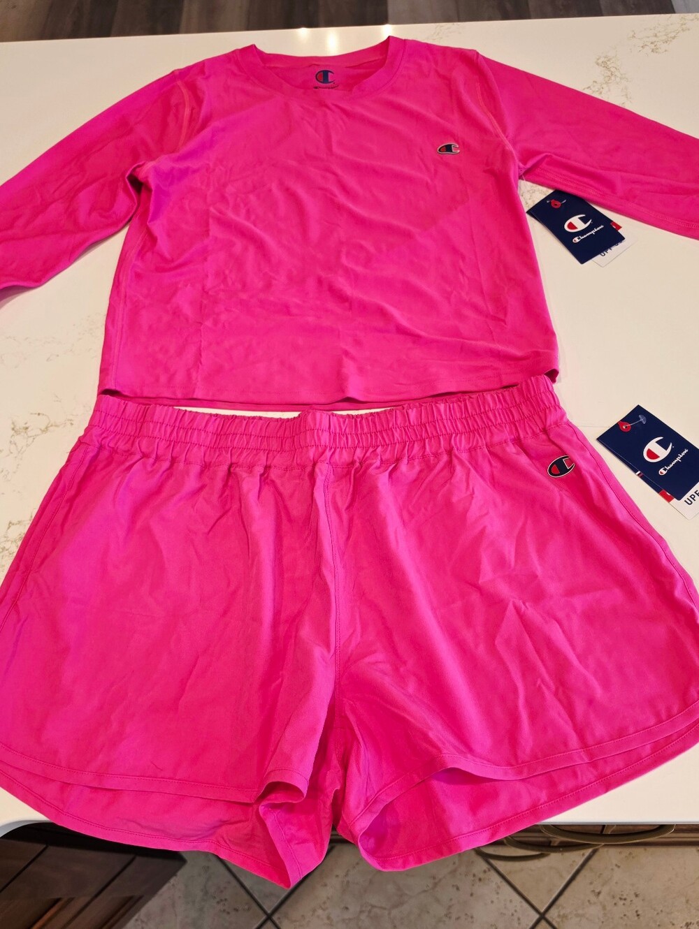 NWT Hot Pink Champion Women's Matching Rash Guard and Shorts Set.